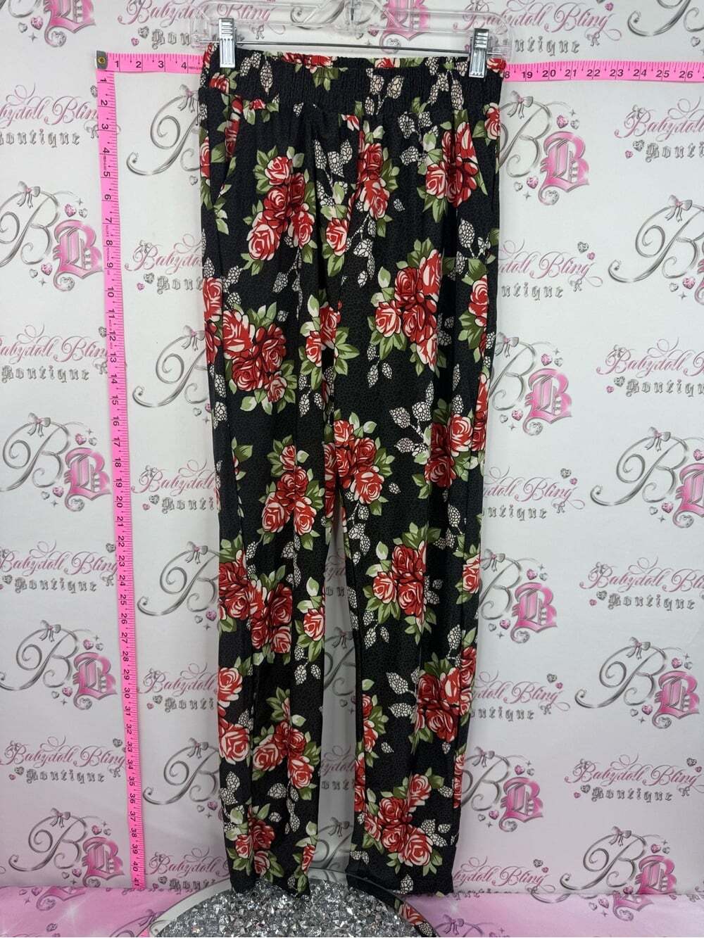 Pants floral cheetah print Women’s Black Floral Elastic-Waist Pants